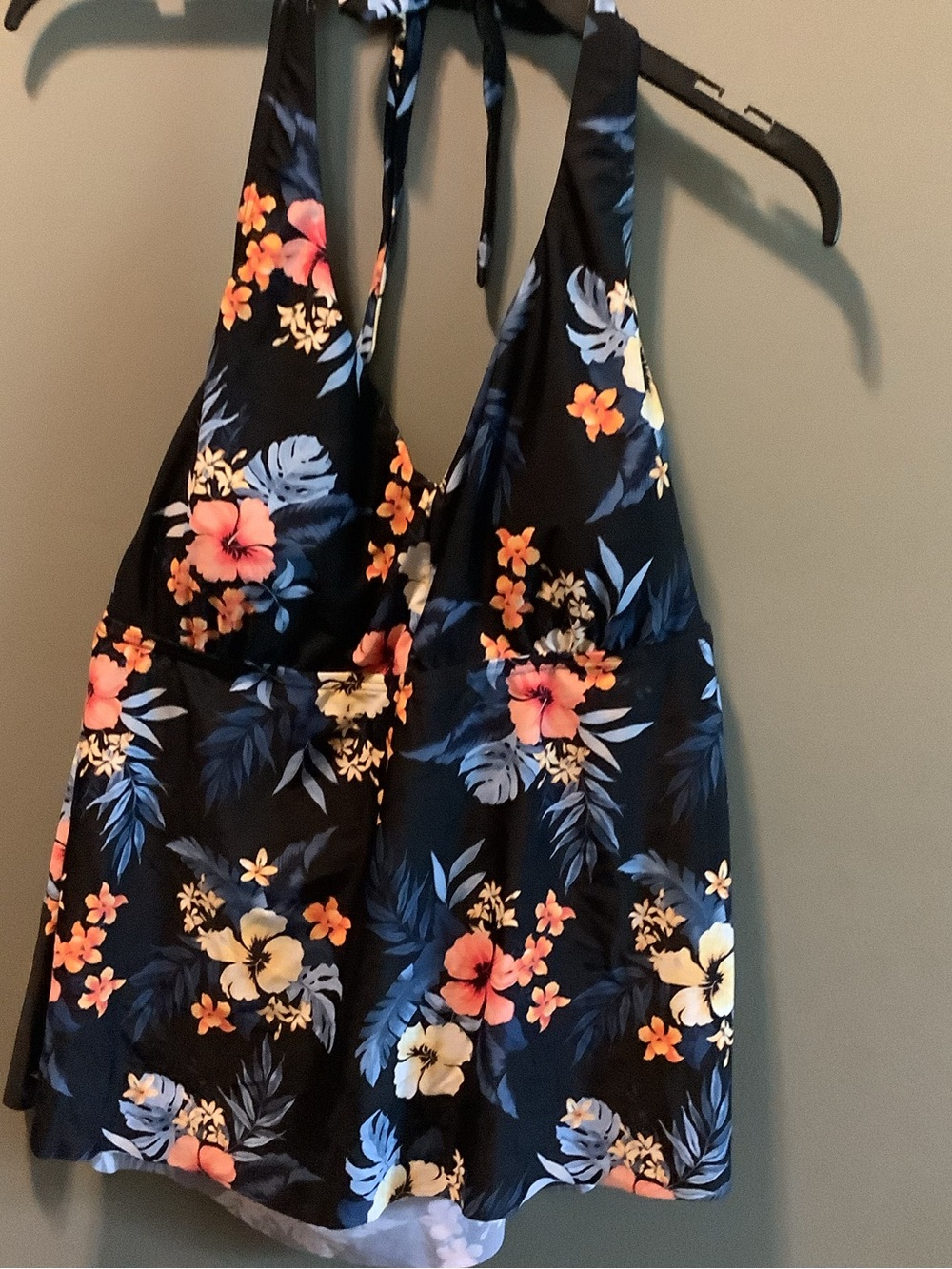 Lands' End Black Floral Halter Tankini Swim Top